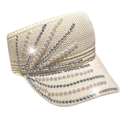 Gorra de béisbol de algodón Transpirable con Visera Abierta, Diamantes de imitación y Perlas, Plegable, elástica, con ala Ancha y Curvada, Ideal para la Playa, para Adultos.