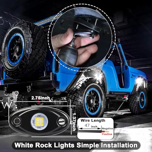 Image of White Rock Light 12pods 6000k Pure White Led Rocks Lights kit Ip68 Waterproof 47inch Extension Wires for ATV Rv Utv SUV Offroad Pickup Trucks Golf Boat Cars Trailer Fender Underglow Lighting (White)