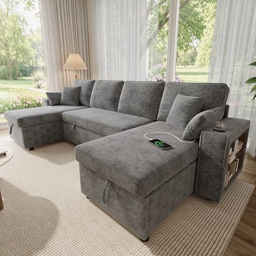 Merax Sofa Ecksofa mit Schlaffunktion und Bettkasten - Ausziehbares...