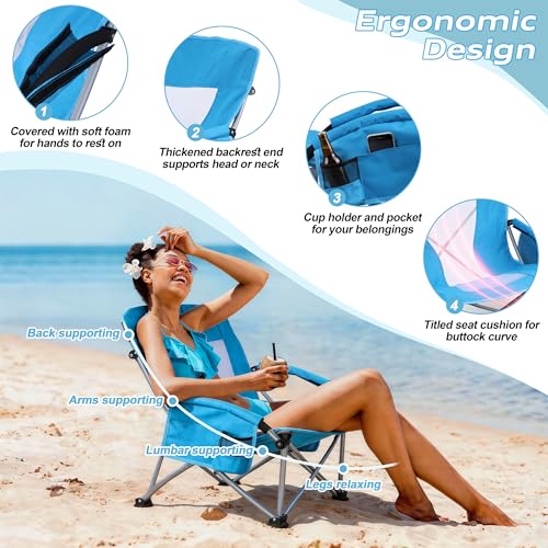 Image of HaSteeL Low Beach Chairs for Adults, Lightweight Camping Folding Chair with Carrying Bag, Portable for Outdoors Lawn Backyard Patio RV Trip Fishing Sport Tailgating, Support 300LBS, Blue, 2 Pack