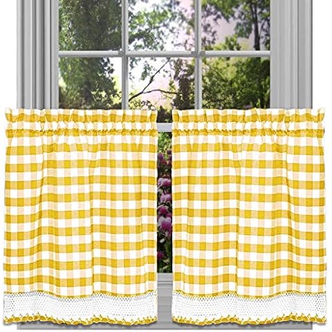 GoodGram Buffalo Check Plaid Gingham Custom Fit Farmhouse Café Styled Window Tier Curtain Treatments - Assorted Colors & Sizes (Yellow, 36 in. Length) Cover