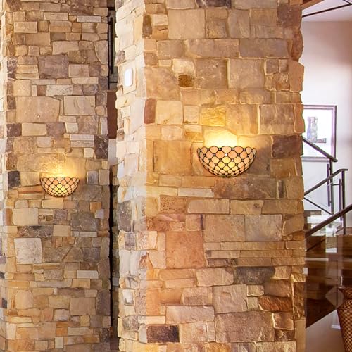 DEYNITE Tiffany Wall Sconce Antique Black & Art Vanity Light Stained Glass Shade with Crystal Beads for Bathroom Bedroom Corridor Hallway Home Decor