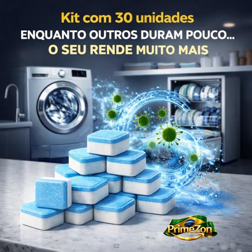 Kit 30 Pastilhas Limpeza Máquina Lavar Roupas Premium Mais Economia e Até 3x Mais Durabilidade que Kits Comuns, Remove Odor e Resíduos e Prolonga a Vida da Máquina 30 Ciclos de Limpeza e Higienização #1