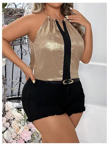 OYOANGLE Women's Plus Size Metallic Keyhole Halter Tank Top Sleeveless Elegant Loose Blouse Tops4