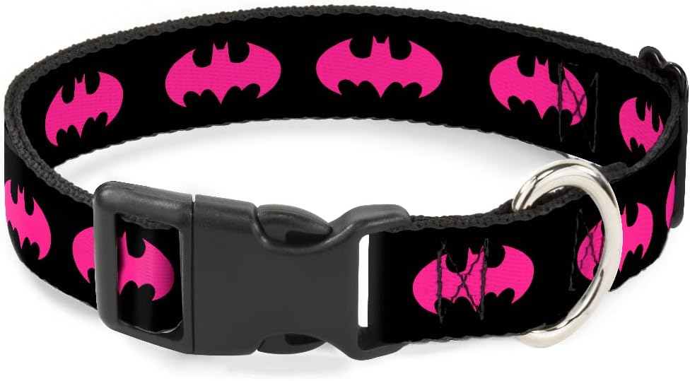 DC Comics Pet Collar, Dog Collar Plastic Buckle, Batman Signal Black Fuchsia, 13 to 17 Inches 1.5 Inch Wide