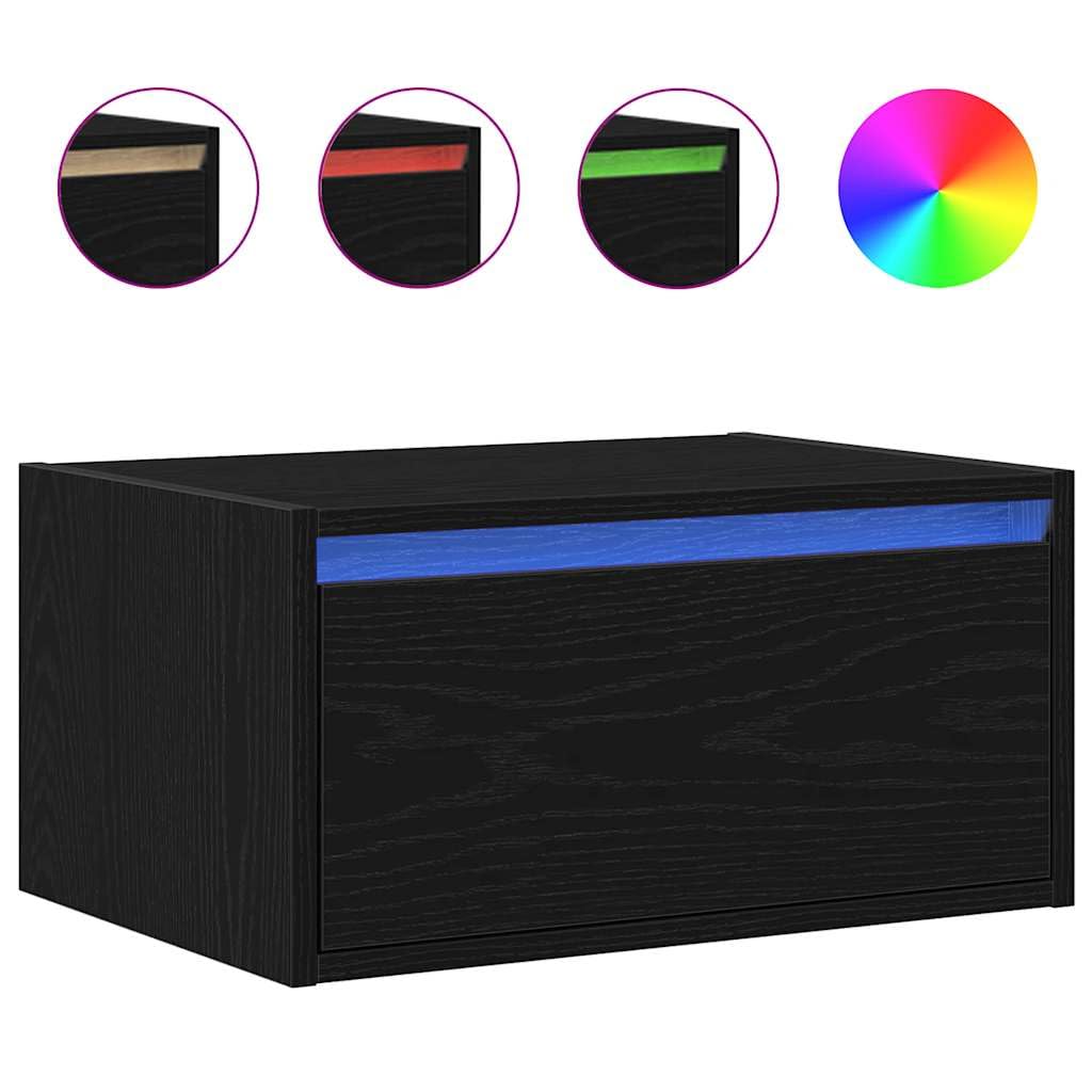 Naścienne stoliki nocne z oświetleniem LED, zestaw 2 szt., czarny wygląd dębu, pływające, materiał drewnopochodny, 51 x 35,5 x 25 cm, do sypialni, salonu