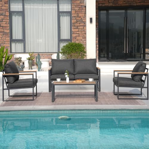 COMLAX FIELD Patio Furniture Set, 4 Pieces Outdoor Patio Furniture with Coffee Table Set, Metal Patio Conversation Sets with Washable and High-Resiliency Sponge Cushions,Upgarded Grey - Thumbnail 6