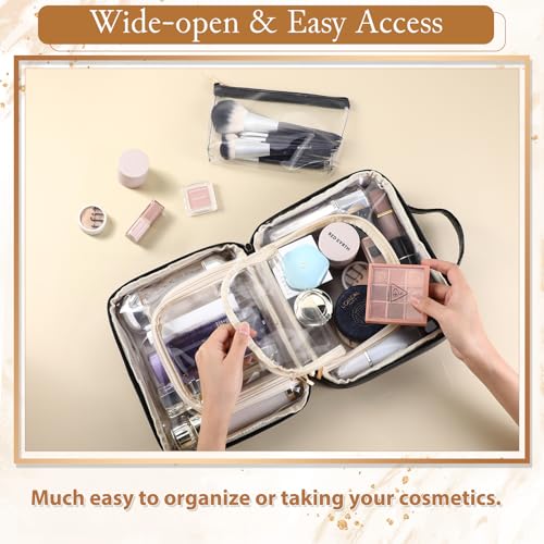 Travel Makeup Bag - Large Capacity Cosmetic Bag with Makeup Brush Bag, Leather Makeup Travel Case Open Flat Makeup Case, Cute Makeup Organizer Bag for Women Girls, Black