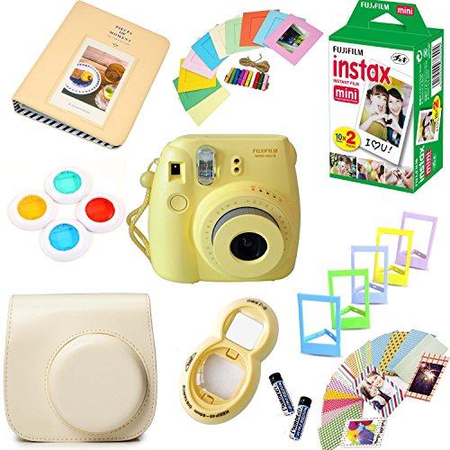 Fujifilm Instax Mini 8 Film Camera (Yellow) + Instax Mini Film (20 Shots) + Protective Camera Case + Selfie Lens + Filters + Frames Photix Decorative Design Kit