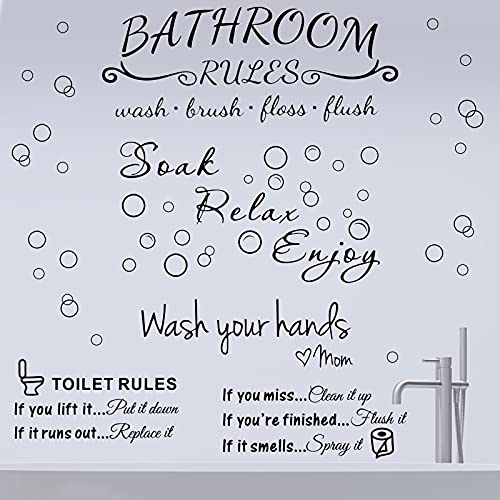 4 Pieces Bathroom Wall Decals Sticker Toilet Rules Soak Relax Enjoy Bathroom Rules Wash Your Hands Love Mom Wall Quote Saying Stickers Vinyl Wall Art Decor for Home Restroom (Black)