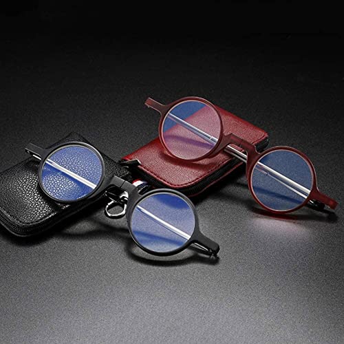 Składane okulary do czytania w stylu retro, okrągłe, niebieskie, blokujące światło dla kobiet, mężczyzn, przenośne kompaktowe czytniki TR90 z etui z PU (kolor: czerwony, rozmiar: 3,0 x)