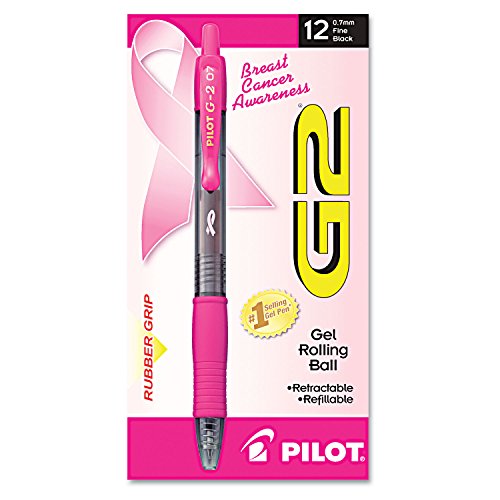 Image of Pilot G2 Breast Cancer Awareness Pink Pens with Black Ink, Retractable Gel Ink Rolling Ball, Fine Point, Dozen Box (31332)