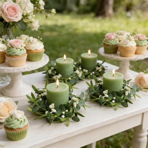 Image of 6 Pcs Green Artificial Eucalyptus Candle Rings Wreaths Mini Green Summer Kitchen Cabinet Wreath Table Centerpieces with White Berry for Pillars Farmhouse Porch Front Door Wedding Decor