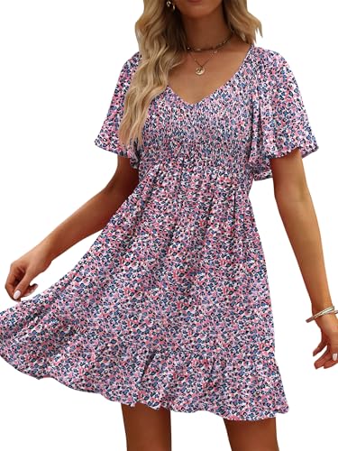 Image of UEAL Womens Cute Floral Smocked V Neck Flutter Sleeve Sundress with Pockets Casual Spring Summer Dresses for Women 2026