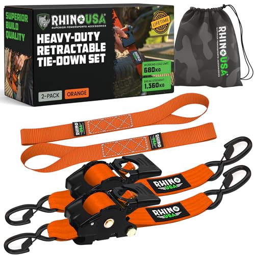 Rhino USA Cinghie di tensione retrattili con cricchetto da (confezione da 2) -1360 kg di carico di rottura, incluse (2) automatiche ultimate da 5.0 cm x 3 m con maniglie imbottite - Arancione