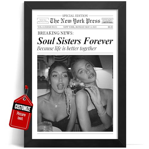 VICILO Custom Newspaper Trendy Vintage New York News with Photo, Friendship Unframed or Framed Wall Art, Retro Bestie Birthday, Personalized Best Friends Poster, Modern Girly Room Decor Canvas, Soul Sisters Forever Print