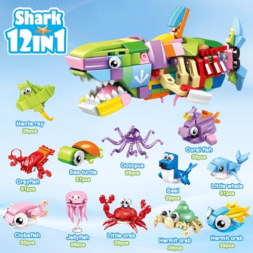 Image of HIGH GODO 12 Pack Party Favors Building Set, 12 in 1 Shark Marine Animals Building Blocks Toy for Goodie Bag Stuffers Party Gifts, Easter Birthday Gift for Teens 14+ (353pcs)