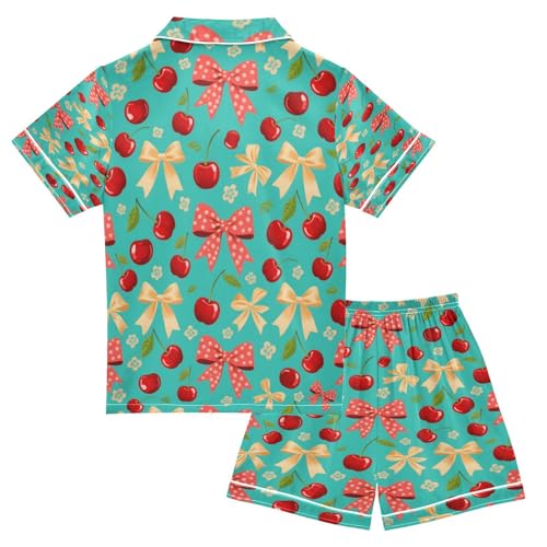 Satin Pajama Sets Short Sleeve Cherry Bow Pattern on Turquoise Button Down Silky Nightwear 2 Piece PJS 5-14Y2