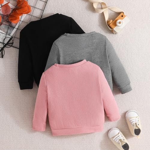 Toddler Baby Girl Boy 3 Packs Sweater Waffle Solid Long Sleeve Round Neck Sweatshirt Kid Fall Winter Clothes2