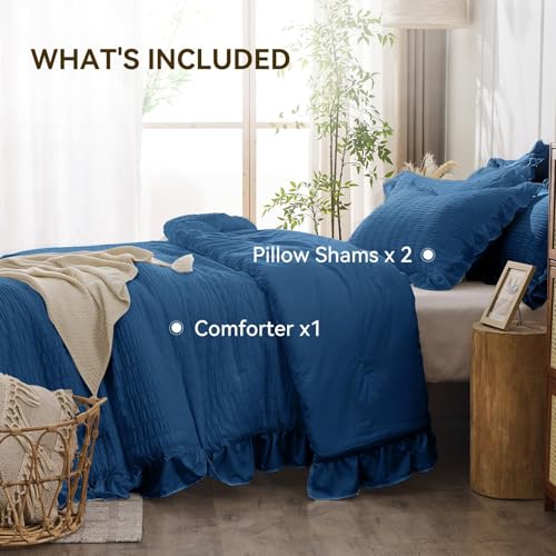 JOLLYVOGUE Teal Queen Comforter Set, 3 Pieces Seersucker Comforters Queen Size, Lightweight & Fluffy Bedding Sets Queen for All Season with 1 Ruffle Comforter and 2 Ruffle Pillowshams