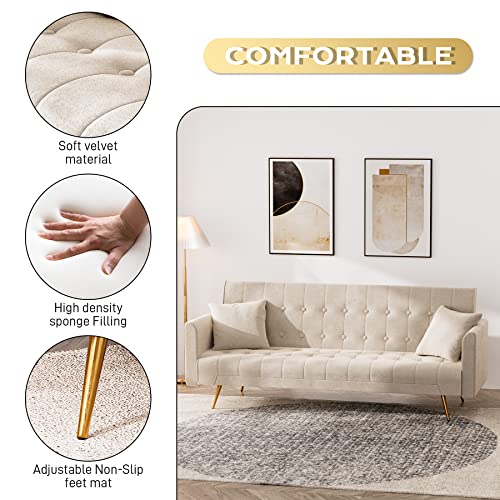 Damaifrom 71" Velvet Futon Sofa Bed, Modern Convertible Sleeper Sofa Loveseat, Tufted Futon Couch With Metal Legs For Small Living Room Office Bedroom (Beige) #TOP5