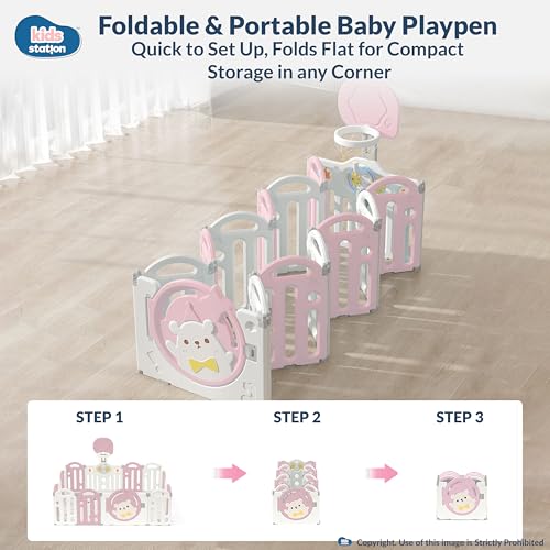 Image of Kids Station Pink Bear Baby Playpen 180 x 200 with Playmat, Basketball Hoop & 20 Balls, Spacious Safety Play Yard for Babies & Toddlers, Indoor /Outdoor Use, Sturdy Frame