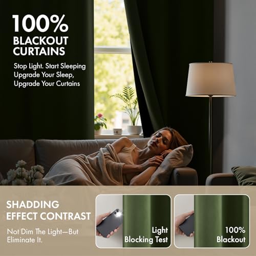 Image of MIULEE Olive Green 100% Blackout Curtains for Bedroom 90 Inch Long | 2 Thick Layers Thermal Insulated Window Curtains with Black Liner, Noise Reducing Grommet,Drapes for Living Room, 2 Panels