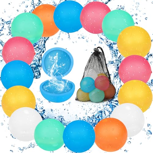 Wiederverwendbare Wasserbomben 16 Stück & 1 Mesh Bag, Selbstschließend Wiederverwendbar Schnell Wiederbefüllbare Silikon Wasserbomben Für Wasserschlachten, Familienaktivitäten