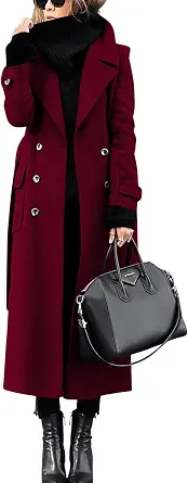 Women’s Winter Double Breasted Wool Coat Notched Lapel Belted Mid Long Pea Trench Coat
