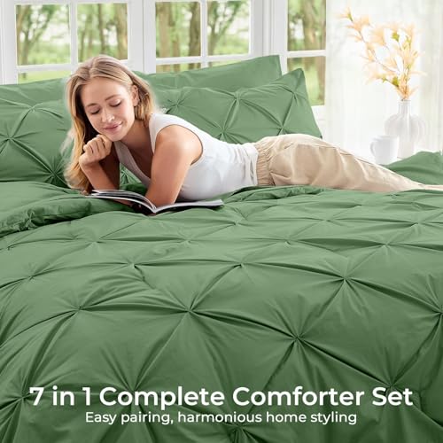 Image of Sasttie King Size Comforter Set, 7-Piece Bed in a Bag, Pintuck Bedding Set for All Season, Includes Comforter, Flat Sheet, Fitted Sheet, Pillowcases and Pillowshams, Green