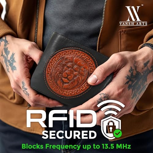 Men's RFID Blocking Leather Wallet- Bifold Wallet - Premium Napa Leather - 7 Card Slots ID Window Coin Pocket 2 Cash Compartments (Lion, Black)4