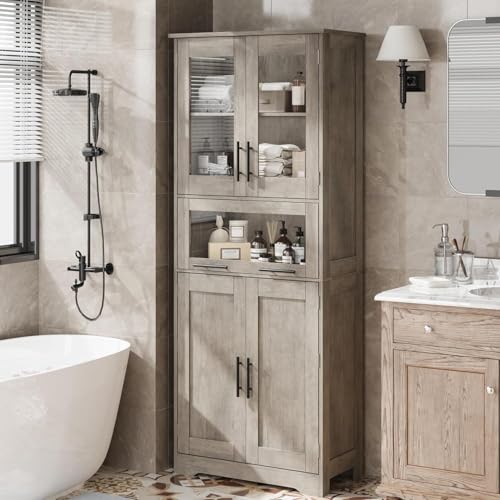GarveeMore Armario de Baño de Doble Compartimento, Mueble de Baño con Puertas y Estante Ajustable, para Baño, Lavandería y Espacios Pequeños, Gris, 60×30×170 cm