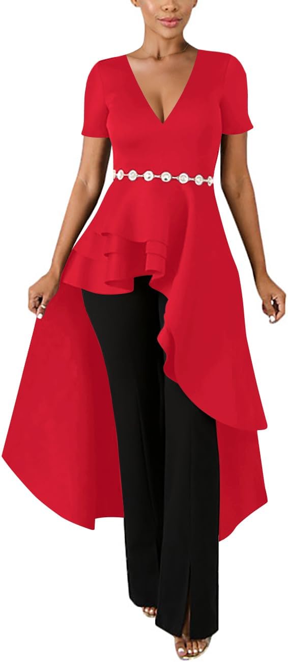 Lrady Womens V Neck Short Sleeve High Low Cocktail Party Dresses Peplum Tunic Tops Shirt Dress - Image 4