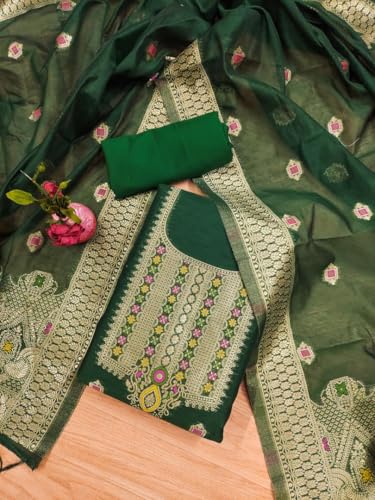 Image of Chanderi Suit Vol 5 | Pure Chanderi Banarasi Silk (3m) | Soft Cotton Bottom (2.5m) | Woven Chanderi Banarasi Silk Dupatta (2.3m) with Tassels, Unstitched Material, Fits up to 60 inch, Length 48