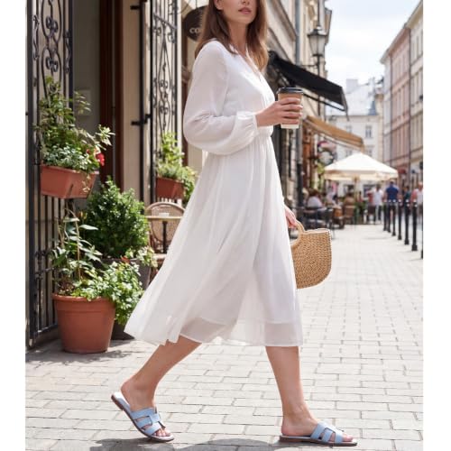 Image of Flat Sandals for Women Comfortable Slip On Dressy Summer Leather Slides with Square Open Toe