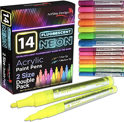 14 Pack Neon Fluorescent Acrylic Paint Pens, Double Pack of Both Extra Fine and Medium Tip Paint Markers, for Rock Painting, Mug, Ceramic, Glass, and More, Water Based Non-Toxic and No Odor