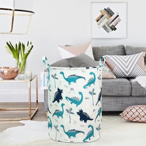 Image of Round Laundry Basket Collapsible Storage Hamper Organizer Full Dinosaur | Waterproof Canvas Foldable Baskets with sturdy Handles Multi-scene Organizer for Home Play Bedroom Gift Bin