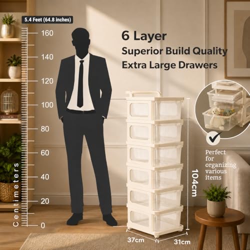 Image of URBAN LUXY Plastic Storage Drawer Organizer with Wheels | Multi-Purpose Chest of Drawers for Home, Office & Bedroom | Clothes, Toys & Stationery Organizer (Ivory & Brown, 6 Layer)