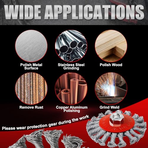 Image of Tioncy 12 Pack Wire Wheel for Angle Grinder, for 4-1 /2 inch Angle Grinder with 5 /8 inch-11 Arbor, Heavy Duty Carbon Brushes for Rust Removal Heavy Cleaning Polishing(Red,Knotted Wire Wheel Brush)
