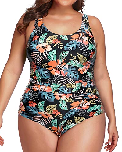 Daci Women Black Flower Plus Size One Piece Swimsuit Backless Tummy Control Ruched Bathing Suit 20 Plus #TOP8