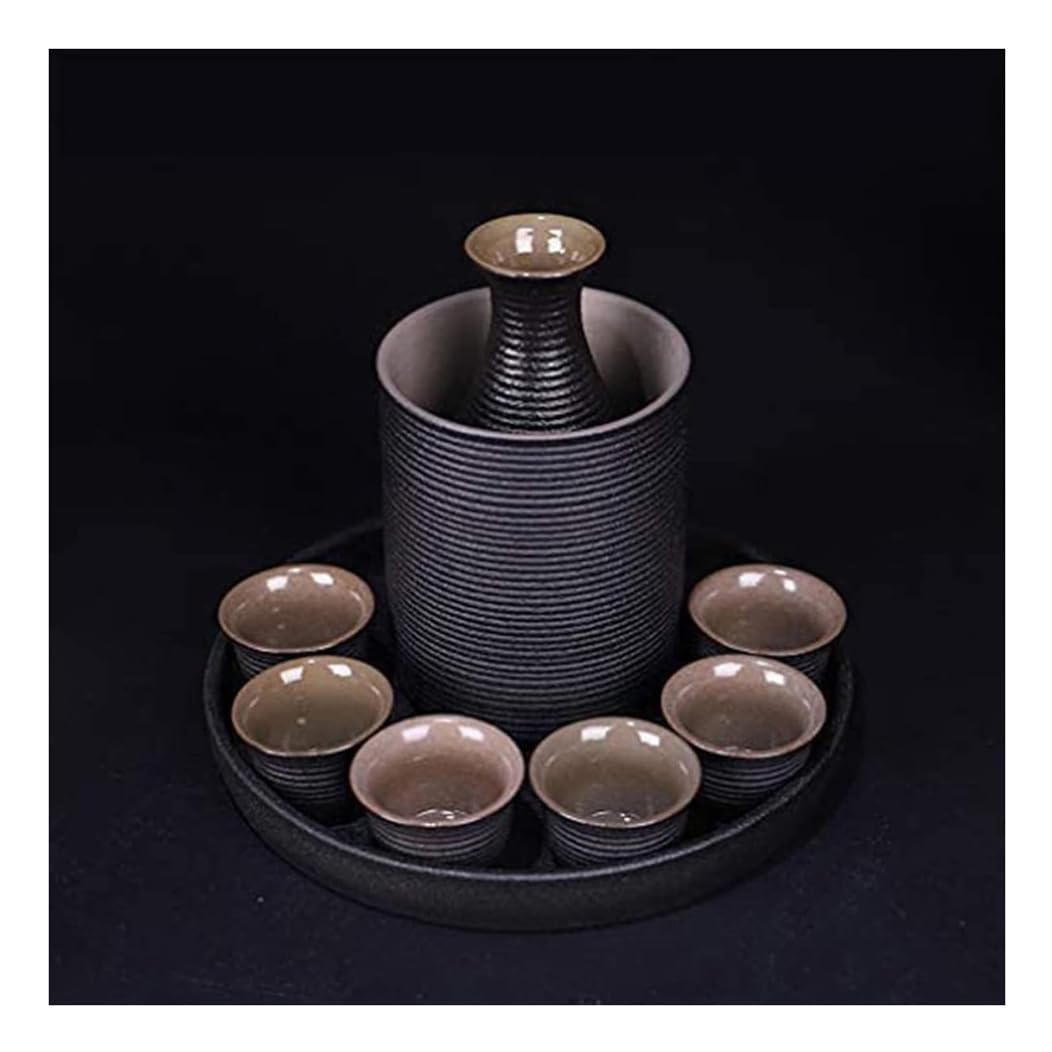 Japanese Ceramic Sake Set Warmer and Tray, Frosted Black Ceramic Japanese Sake Set Pottery Hot Saki Drinkt,Traditional Retro Porcelain Crafts Restaurant Sake Cup Bes black
