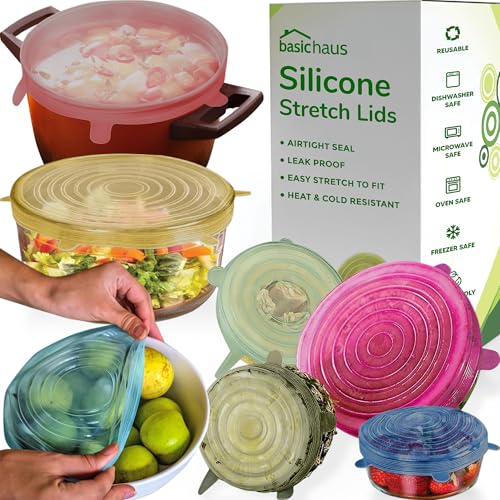 Image of Reusable Silicone Stretch Lids for Food Storage in Fridge - Elastic Heat-Resistant Bowl Covers, Cups, Cans, Jars - Universal Food Grade Lid for Round and Rectangle Containers - 7 Pack - Multicolor