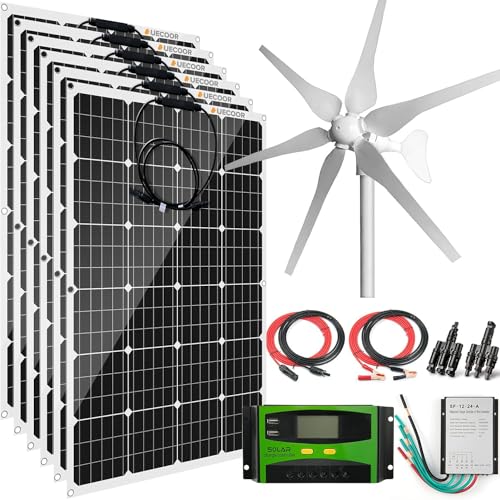 AUECOOR 1120 Watts 12Volt Solar Wind Hybrid System Kit: 400W 6-Blade Wind Turbine Generator with Charge Controller,6pcs 120W Flexible Monocrystalline Solar Panel.for Home Boat RV Camping
