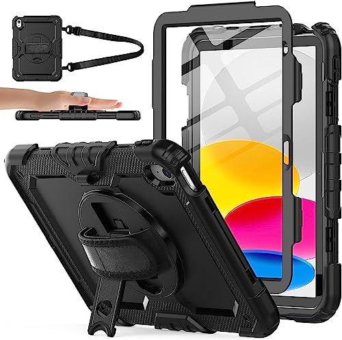 SIBEITU iPad 第10/11世代 ケース 2022/2025 保護フィルム付き ペンホルダー 新型 十一/十世代 10.9 インチ カバー保護シール内蔵 360度回転の折り畳スタンド 肩紐 ハンドストラップ付き ペン収納 頑丈 丈夫 ゴツイ 耐衝撃 操作簡単 多機能 iPad 10.9 インチ タブレットPCケースA2696 A2757 A2777 (ブラック)
