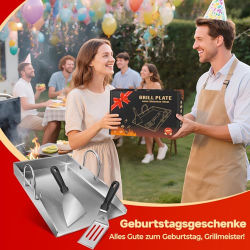 Grillplatte Plancha Geschenke für Männer Frauen, mit 2 Grillspachtel Set, 4mm Dickem Edelstahl BBQ mit Abnehmbar Griffen, für Gasgrill und Holzkohlegrill 40 x 30 x 4 cm, 5