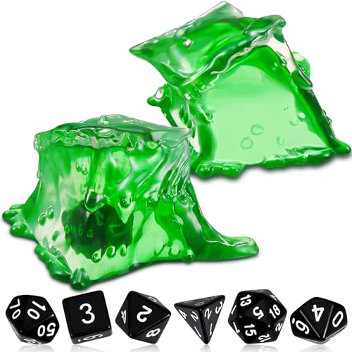 Deekin Dice Jail Gelatinous Cube Dice Prison Resin Cube 7 Role Playing Cage with Container Black Polyhedral Set Miniature Accessory for Gatherings Activity Party Game Gift Set(Green)