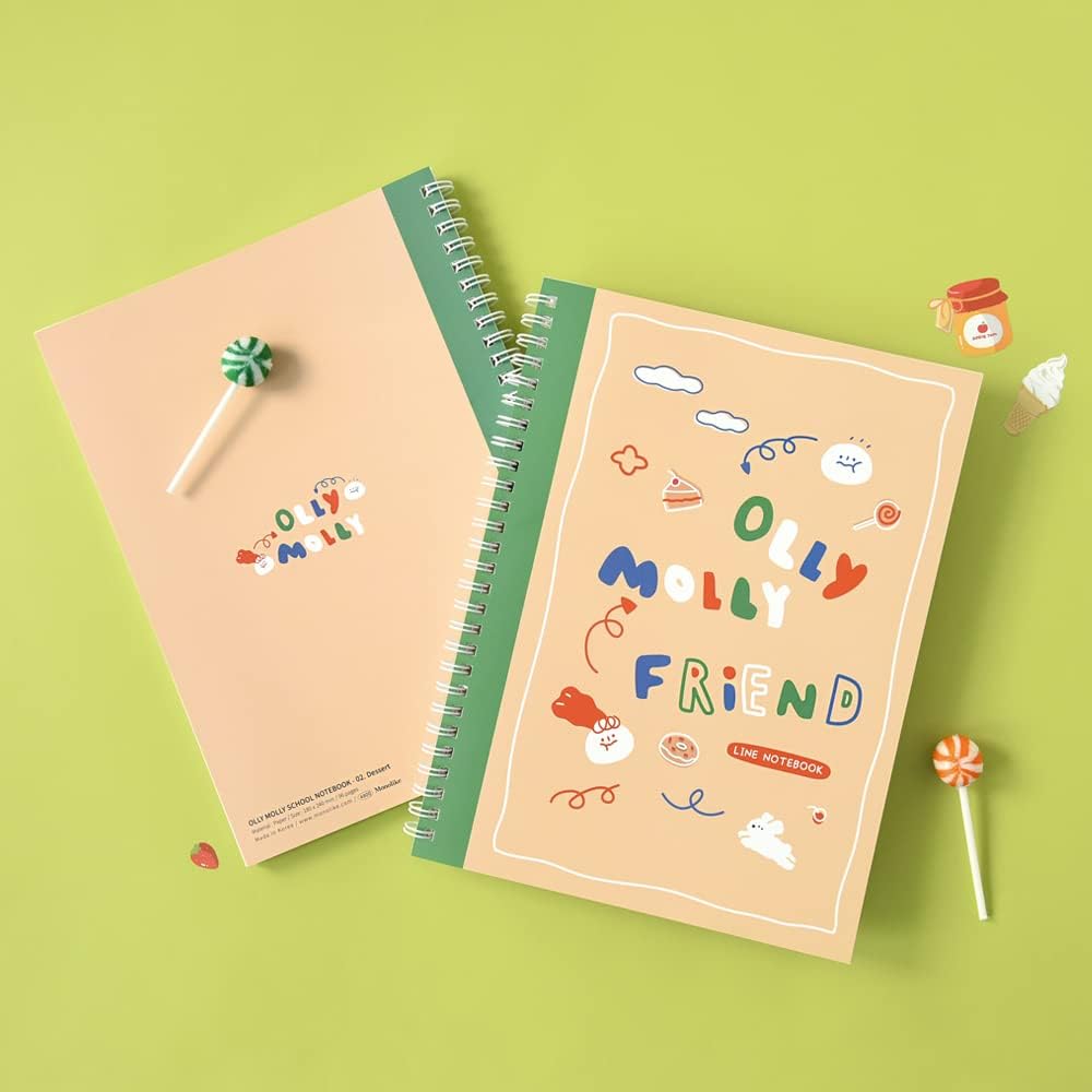 Monolike Spiral School Notebook, Olly Molly A 4P SET - 7.09 x 9.45inch, 98 Page, Academic Line Notebook