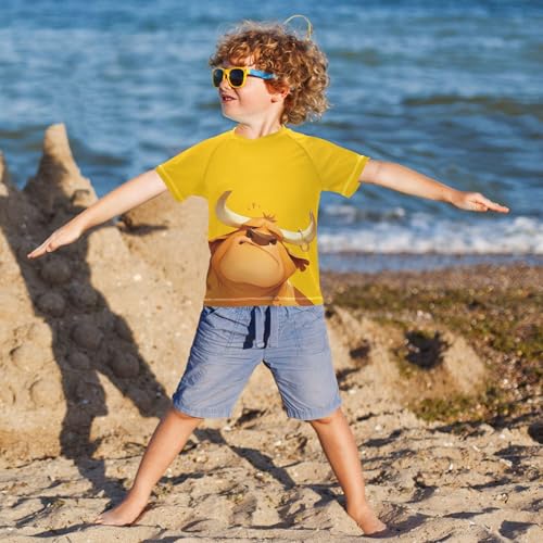Cartoon Fun Yellow Ox Girls Bathing Suit UV Protection Sports Shirts Swimwear Beach Tops 3T4