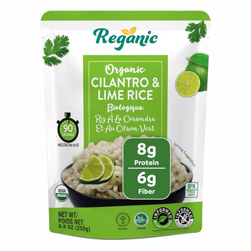 Image of Reganic Organic Microwave Rice Ready to Eat - Cilantro Lime Rice | Fully Cooked Heat & Eat Rice in 1.5 Minutes | Non-GMO, Gluten-Free | 100% Recyclable BPA-Free Pouch | 8.8 oz (Pack of 12)