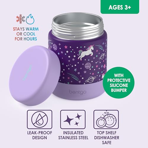 Image of Bentgo Kids Stainless Steel Leak-Proof Food Jar for Hot or Cold Food | 11 fl oz Double Insulated Container with Removable Silicone Bumper, Dishwasher Safe, Easy Open Lid, Ages 3+ (Unicorn)